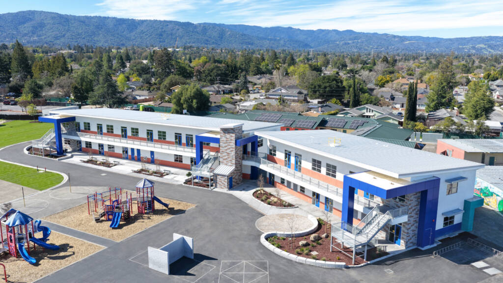 Aerial exterior view of the Capri Elementary school building, an AMS GEN7-C building.