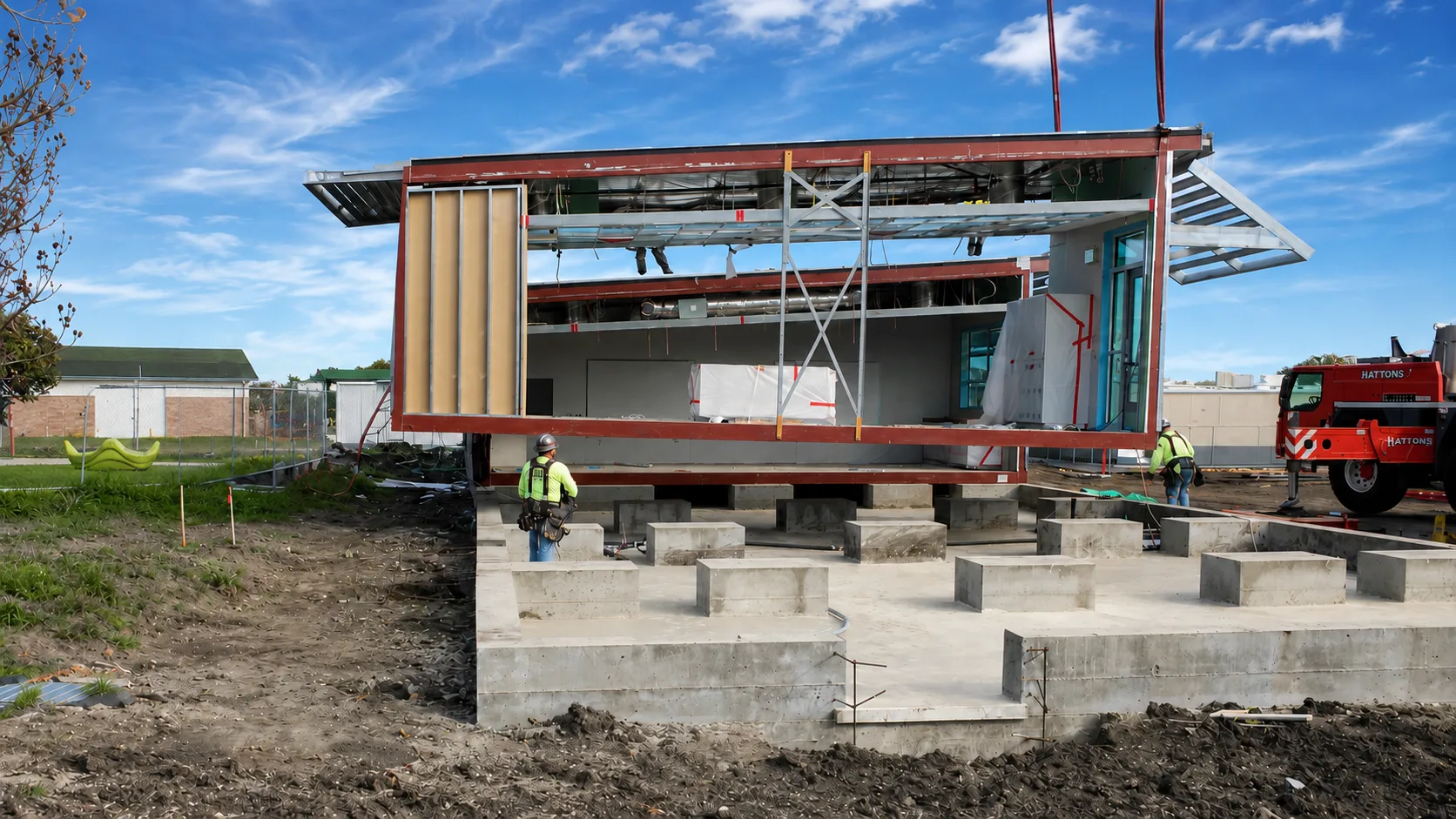 Construction crew guiding an AMS volumetric module as a crane lowers it onto concrete stem wall foundation piers